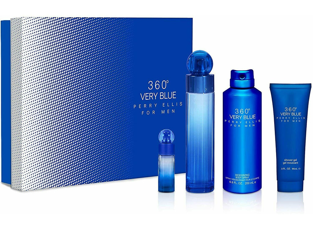 360 Very Blue for Men Perry Ellis EDT Spray 3.4 oz 4 pc Gift Set